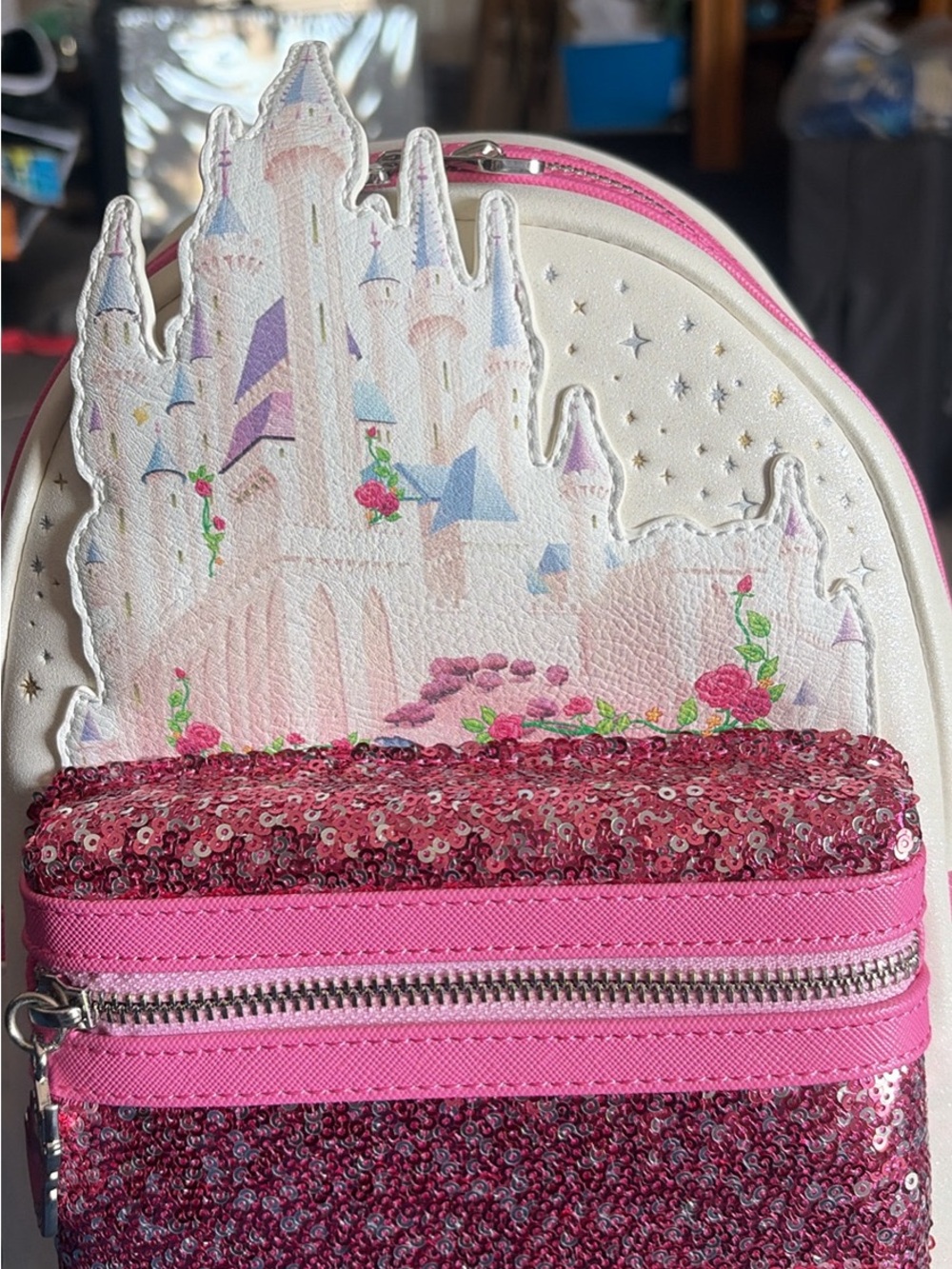 Loungefly White and Hot Pink Sequin Castle Mini Backpack